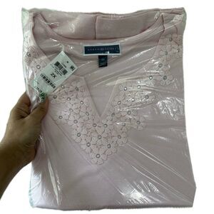 NWT Karen Scott Jeweled Embroidered Flowers Blush Knit V-Neck T-Shirt 2X